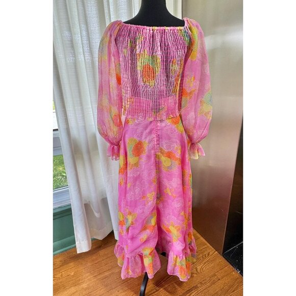 Vintage 70s two pieces set, pink, orange, yellow floral smocked bodice, maxi - Picture 4 of 10